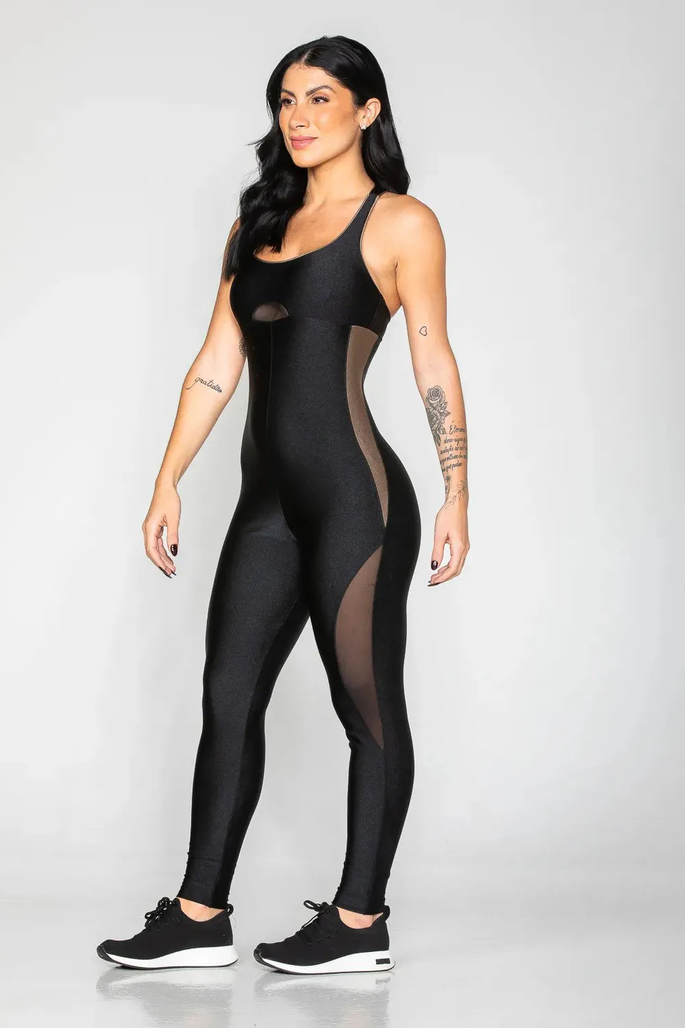 Macacão Desportivo preto com detalhe castanho e tule ♡Ref.: 953
