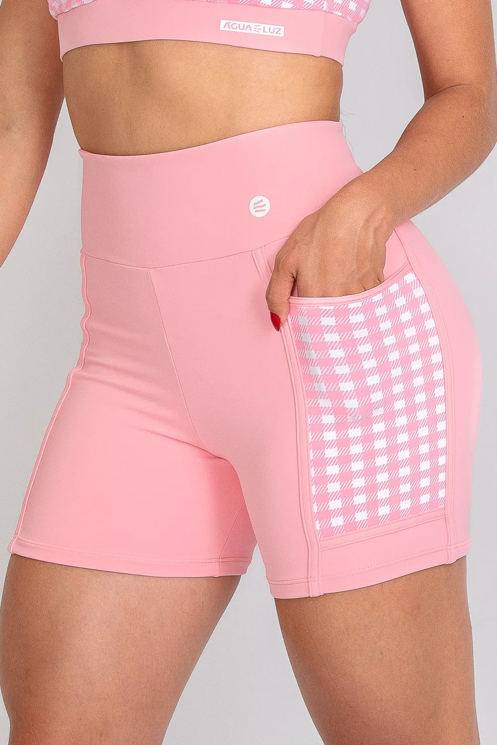 Short poliamida Adaptiv rosa com bolso xadrez ♡Ref.: 242