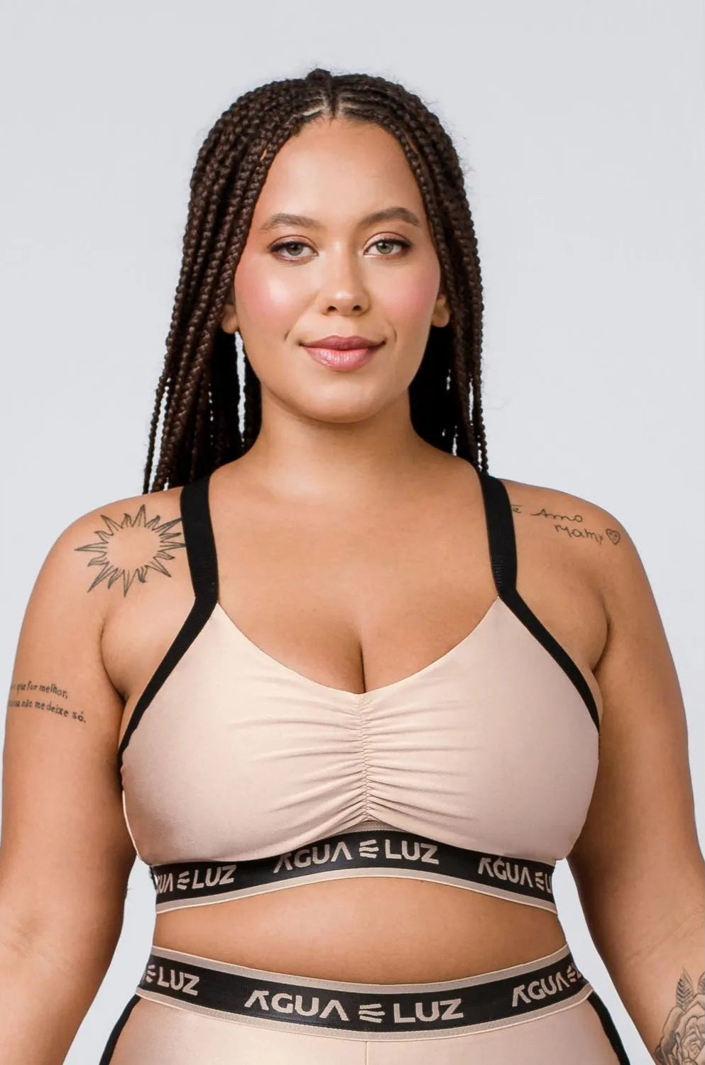 Top Desportivo nude com elástico personalizado e alça canelada preta ♡Ref.: 852