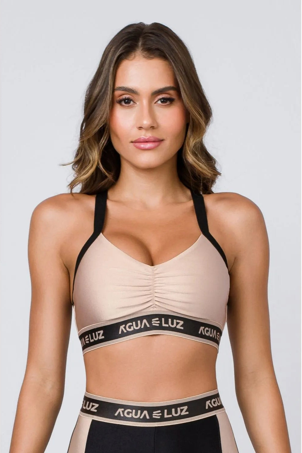 Top Desportivo nude com elástico personalizado e alça canelada preta ♡Ref.: 852