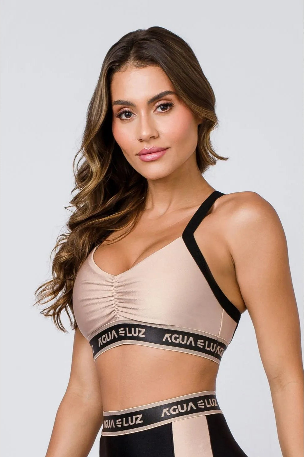 Top Desportivo nude com elástico personalizado e alça canelada preta ♡Ref.: 852