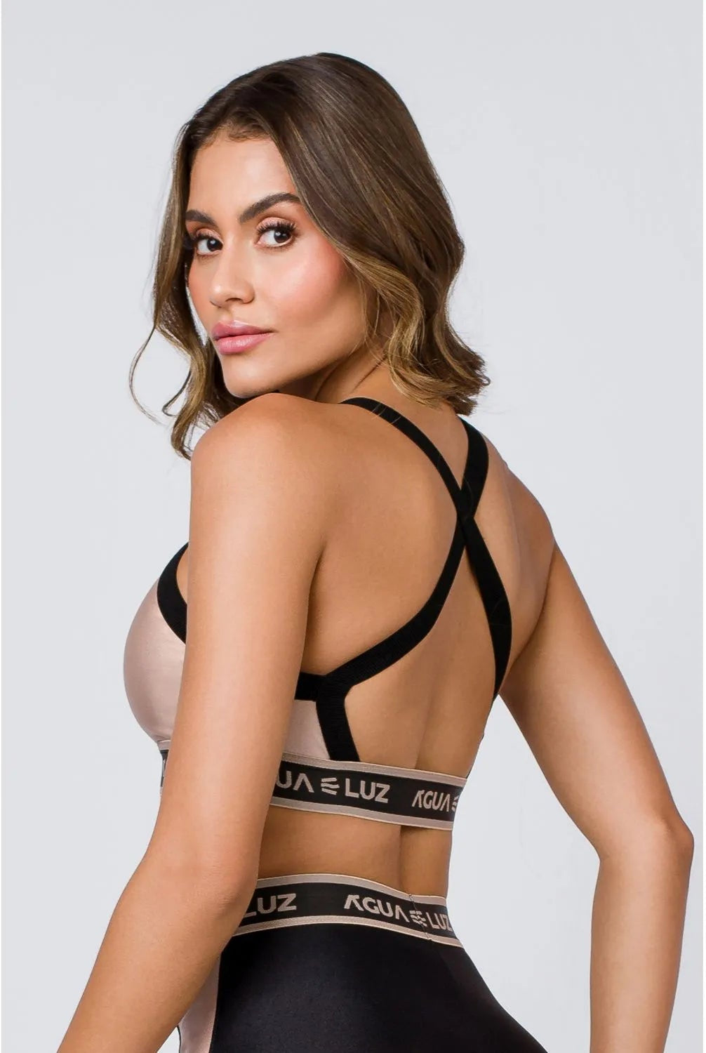Top Desportivo nude com elástico personalizado e alça canelada preta ♡Ref.: 852