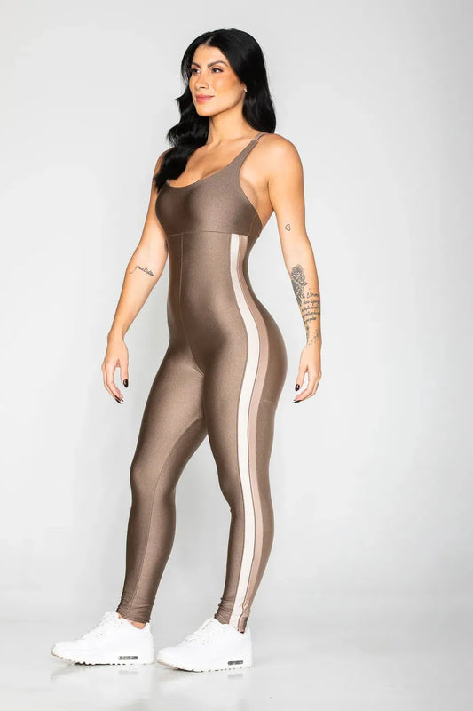 Macacão Desportivo castanho com detalhe e alças base e nude ♡Ref.: 950