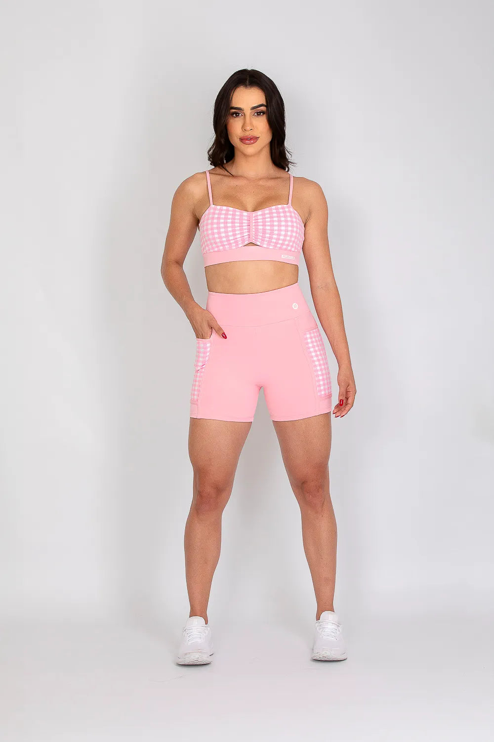 Short poliamida Adaptiv rosa com bolso xadrez ♡Ref.: 242